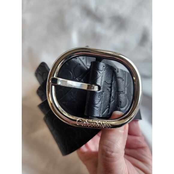 Calvin Klein Womens Black Embossed Logo Belt Silver Buckle Faux Leather Sz Small - Picture 3 of 15